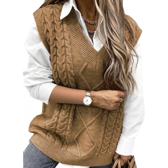 SOMER Women Sweater Vest Sleeveless V Neck Sweater Tops Loose Pullover Sweater Brown