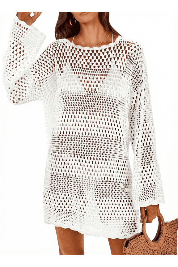 Swimsuit Cover Up for Women Long Sleeve Crochet Swimsuit Summer Bathing Suit Bikini Swimwear Mesh Knit Beach