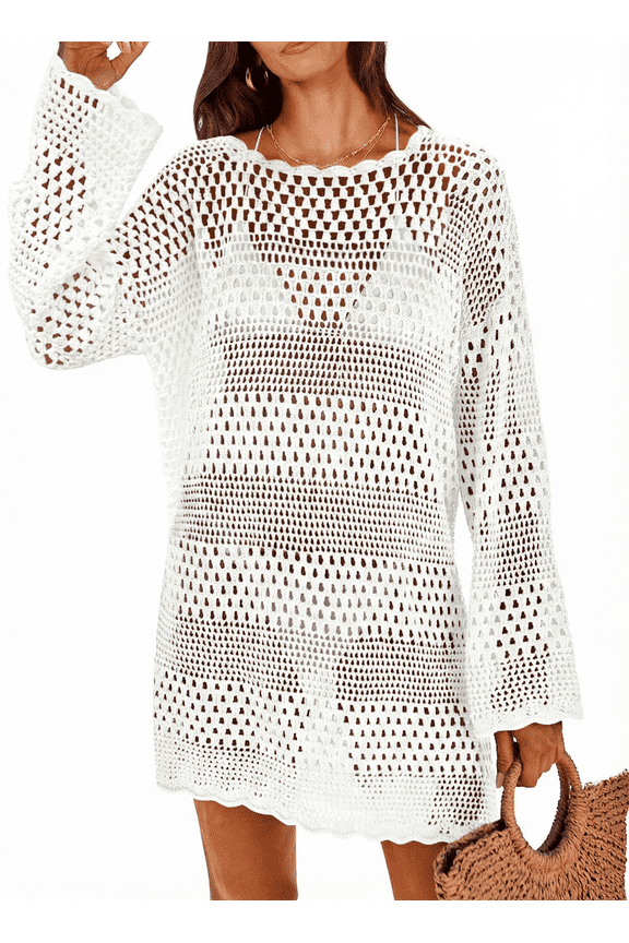 Swimsuit Cover Up for Women Long Sleeve Crochet Swimsuit Summer Bathing Suit Bikini Swimwear Mesh Knit Beach