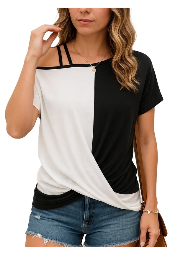 Women's Tops 2025 Off the Shoulder T Shirts for Women Summer Tops Loose Tops Color Block