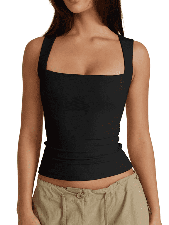 Women’s Basic Fitted Tank Tops Square Neck Sleeveless Double-Layer Casual Summer Tanks Top Black