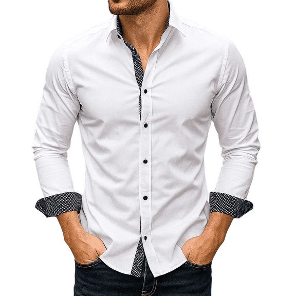 Puztloy Mens Dress Shirts, Men's Color Block Long Sleeve Shirts for Men, Wrinkle-Free Casual White Dress Shirt for Men, 2025 Fall Button Down Shirt Men Slim Fit