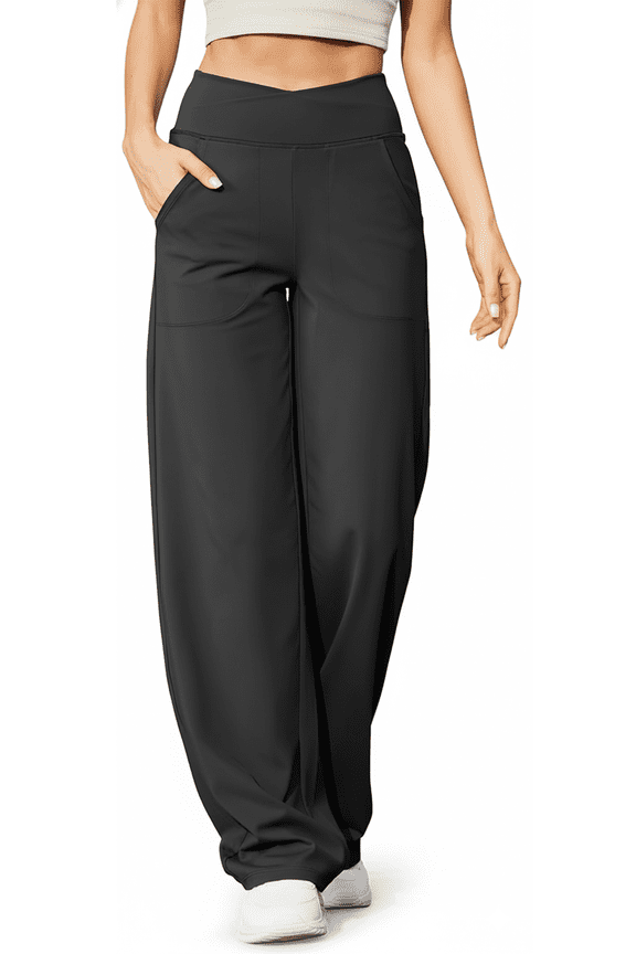 Women's Wide Leg Pants - Loose Yoga Pants with Pockets, Casual Lounge Pants for Women Crossover High Waisted