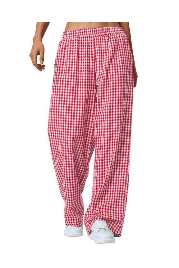 Wide Leg Women's Pants Gingham Checkered Casual Pants with Elastic Waistband and Pocket,Red and White Plaid Palazzo Pants for Women