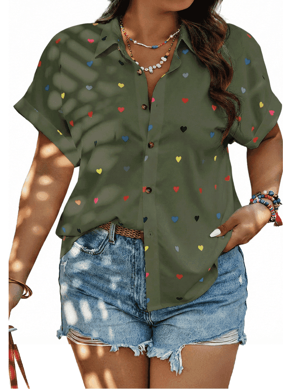 Plus Size Button Down Shirts for Women Blouses Short Sleeve V Neck Cute Heart Print Shirts Casual Summer Vacation Tops Loose Fit Army Green L