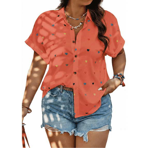 SOMER Plus Size Button Down Shirts for Women Blouses Short Sleeve V Neck Cute Heart Print Shirts Casual Summer Vacation Tops Loose Fit Orange 4XL