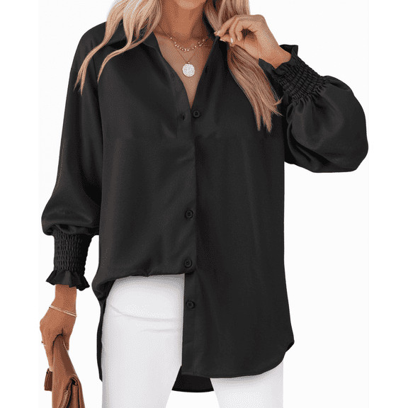 SOMER Button Down Shirts for Women Long Sleeve Womans Tops Smocked Cuffed Blouses for Women Dressy Collared Casual Shirts with Pocket