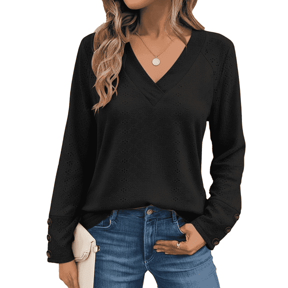 SOMER Women Tops Going Out Long Sleeve Shirts for Women Dressy Casual V Neck Blouses Hollow Out Lace Embroidered Tops,2025 Fall
