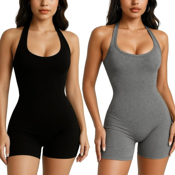 SOMER Women Bodysuit 2 Piece Crew Neck Halter Neck Body Suit Tummy Control Sleeveless Tops Bodysuits for Women Black+Grey