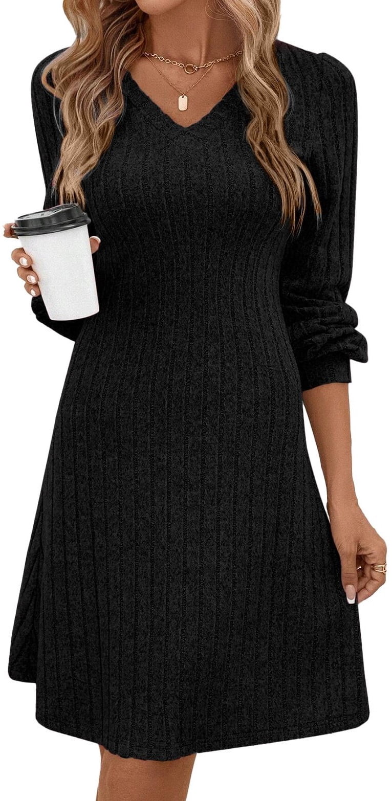 Women Dresses Plain Casual Long Sleeve Dress V Neck A-Line Pullover Wedding Guest Midi Dress for Fall Winter and Spring
