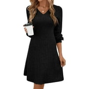 SOMER Women Dresses Plain Casual Long Sleeve Dress V Neck A-Line Pullover Wedding Guest Midi Dress for Fall Winter and Spring