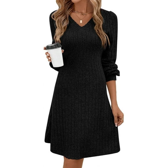 Women Dresses Plain Casual Long Sleeve Dress V Neck A-Line Pullover Wedding Guest Midi Dress for Fall Winter and Spring