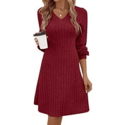 SOMER Women Dresses Plain Casual Long Sleeve Dress V Neck A-Line Pullover Wedding Guest Midi Dress for Fall Winter and Spring