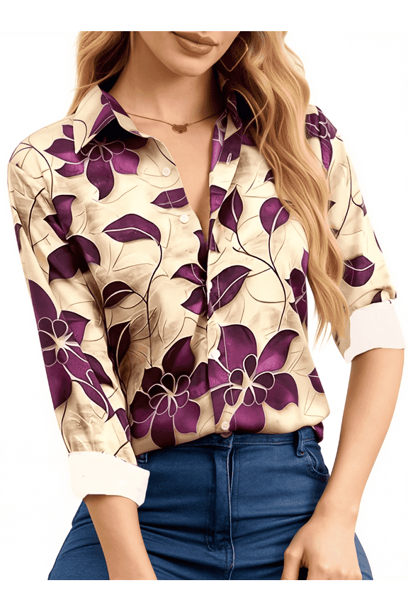 Button Down Shirts for Womens Tops Blouses for Women Dressy Casual Silky Printed Wrinkle-Resistant Long Sleeve Shirts Trendy Fashion Clothing