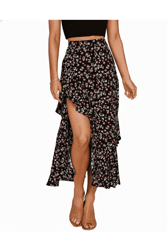Women Summer Skirts Floral Boho Long Skirts Split Ruffle Dress Elastic Waist Beach Maxi Skirt Black