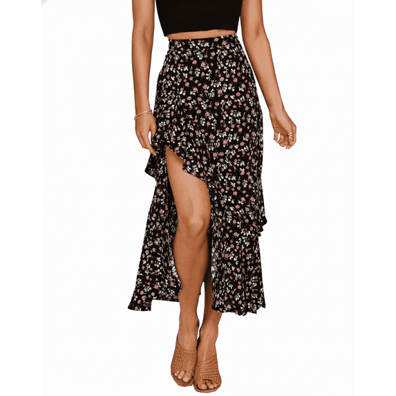 SOMER Women Summer Skirts Floral Boho Long Skirts Split Ruffle Dress Elastic Waist Beach Maxi Skirt Black