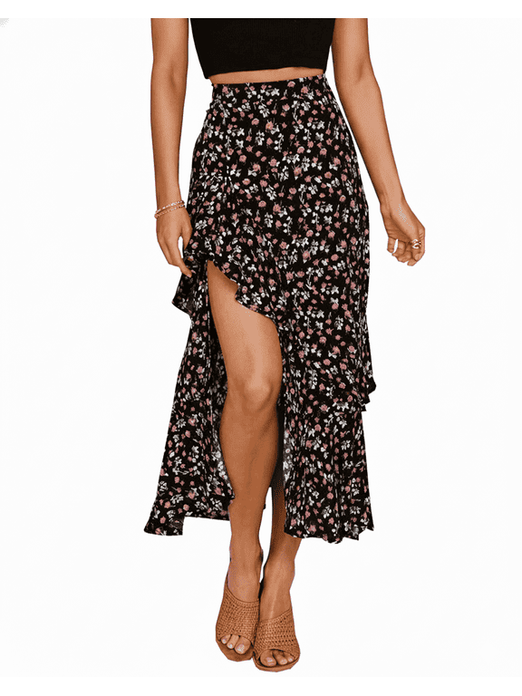 Women Summer Skirts Floral Boho Long Skirts Split Ruffle Dress Elastic Waist Beach Maxi Skirt Black