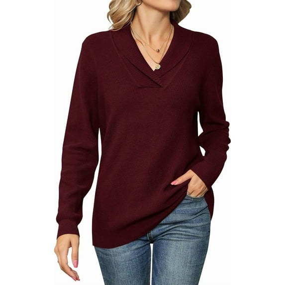 SOMER Women Sweaters Long Sleeve V Neck Pullover Collar Knitted Sweaters Burgundy