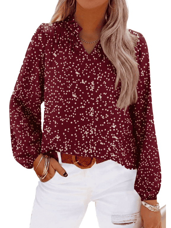 Women's Boho Floral V-Neck Puff Sleeve Blouse Loose Casual Dressy Chiffon Tops for Work Party Vacation Red S-2XL Fall