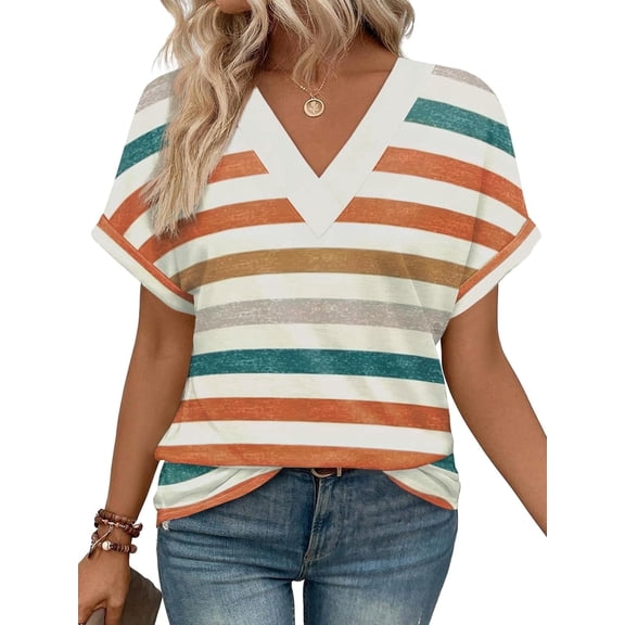 SOMER Women Tops Short Sleeve Striped V Neck T Shirt Casual Loose Fit Tops for Women Summer Shirts