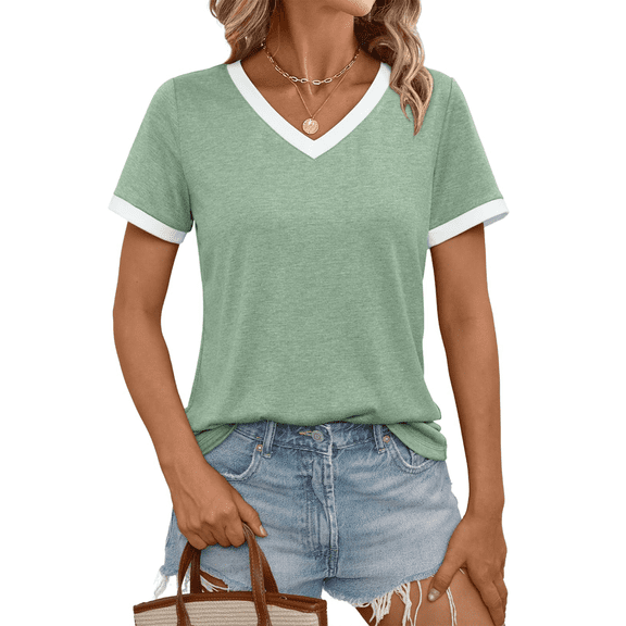 SOMER Women Tops Short Sleeve T-Shirts Summer Tops Soft Tunic V Neck Basic Blouses for Women Workout Spring Fashion 2026 Green