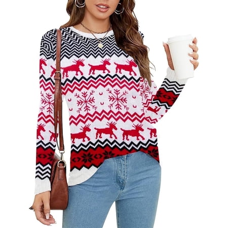 SOMER Women’s Ugly Christmas Sweater Warm Thick Knit Pullover Reindeer Snowflake Top for Family Couples Holiday Party New Year 2025 Red