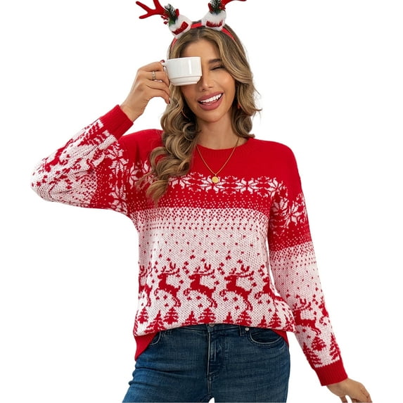 SOMER Women Ugly Christmas Sweater Xmas Elk Snowflake Reindeer Knit Pullover Long Sleeve Holiday Party Winter Warm Casual Tops 2025 Red