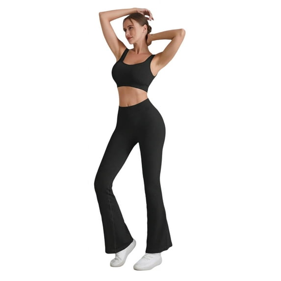 SOMER Women's 2 Piece Workout Set Ribbed Knit Crop Top Lounge Set High Waist Flare Pants Pilates Outfit