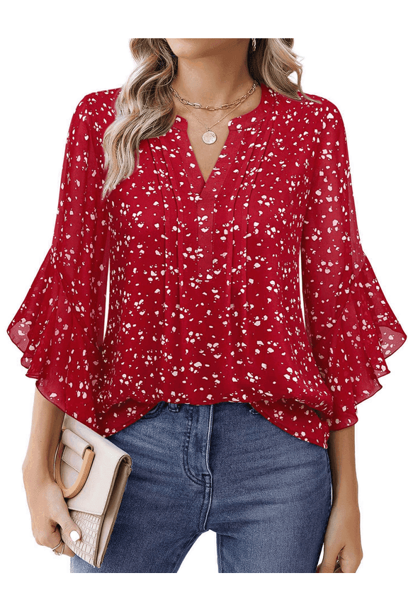 Women’s Flowy Tops Business Work Top 3/4 Sleeve Blouses V-Neck Summer Dressy Casual Shirts Red