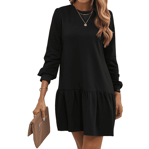 SOMER Fall Dresses for Women 2025, Crewneck Sweatshirt Dress Pullover, Mini Casual Dresses for Women Elegant Classy, A-Line Long Sleeve Black Dress