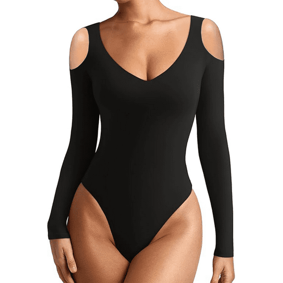SOMER Women's Bodysuit Sexy Deep V Neck Cutout Long Sleeve Tops Cold Shoulder Casual T-Shirts