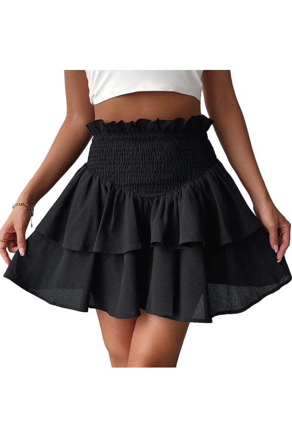 Mini Skirts for Women Summer High Waist Short Pleated Skirt Pleated A-Line Elastic Ruffle Beach Dress Casual 2025 Black