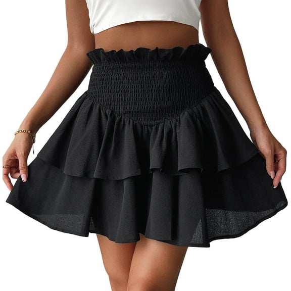 SOMER Mini Skirts for Women Summer High Waist Short Pleated Skirt Pleated A-Line Elastic Ruffle Beach Dress Casual 2025 Black