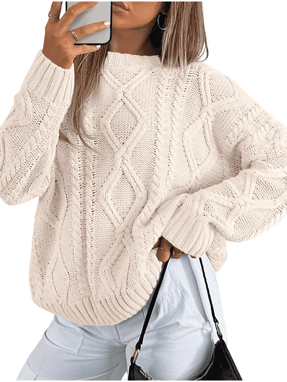 Womens Cable Knit Sweaters Crew Neck Pullover Chunky Cozy Fall Winter Casual Knit Sweater