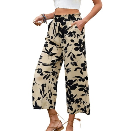 SOMER Capri Pants for Women, Wide Leg Pants Woman, Apricot with Black Floral Print, Loose Fit, Lightweight Stylish