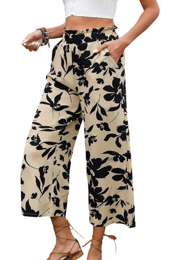 Capri Pants for Women, Wide Leg Pants Woman, Apricot with Black Floral Print, Loose Fit, Lightweight Stylish