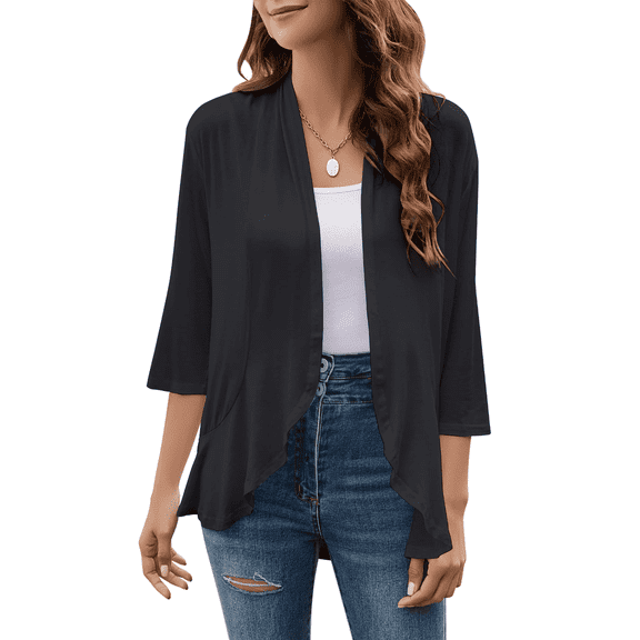 SOMER Women’s Cardigan 3/4 Sleeve Casual Open Front Loose Fit Lightweight Cardigan for Spring and Summer,2026 White Black