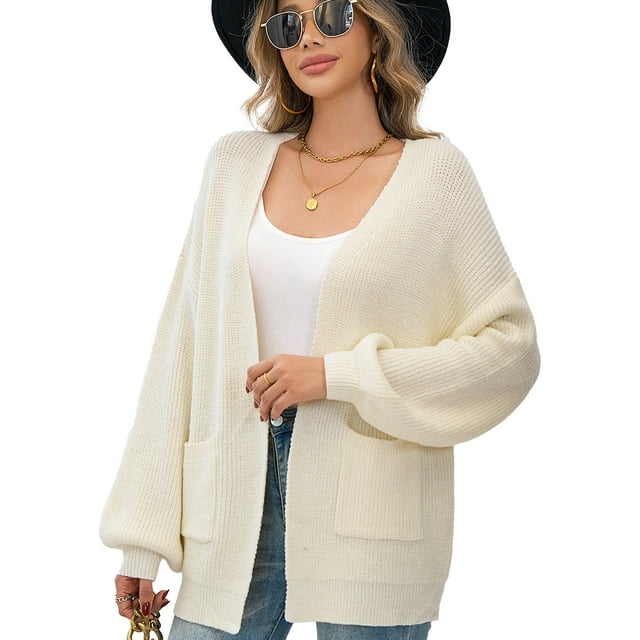 SOMER Women's Cardigan Sweaters Lantern Sleeve Open Front Oversized Lightweight Chunky Outwear Long Sweaters with Pockets