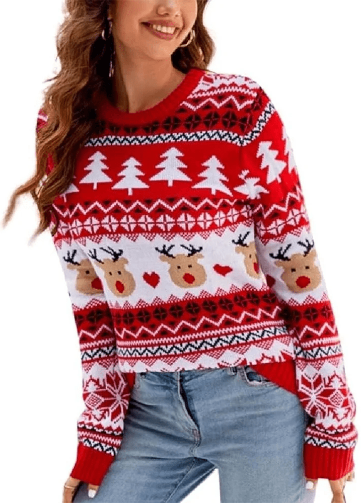 SOMER Women's Ugly Christmas Sweater, Reindeer & Snowflake