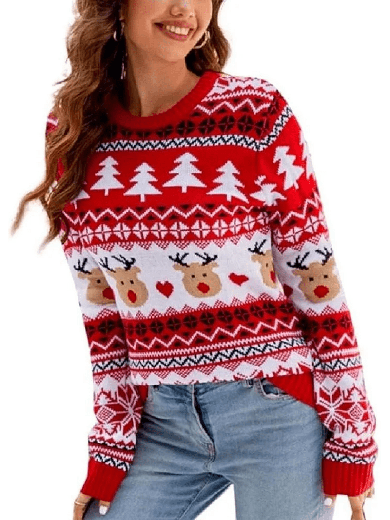 SOMER Women's Ugly Christmas Sweater, Reindeer & Snowflake