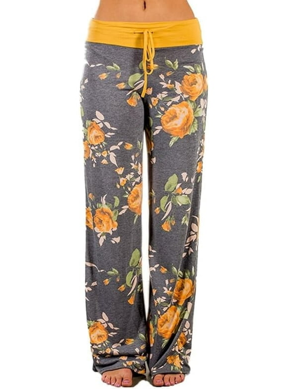 Lounge Pants for Women Casual Floral Wide Leg with Drawstring Comfy Palazzo Stretch Pajama Bottoms