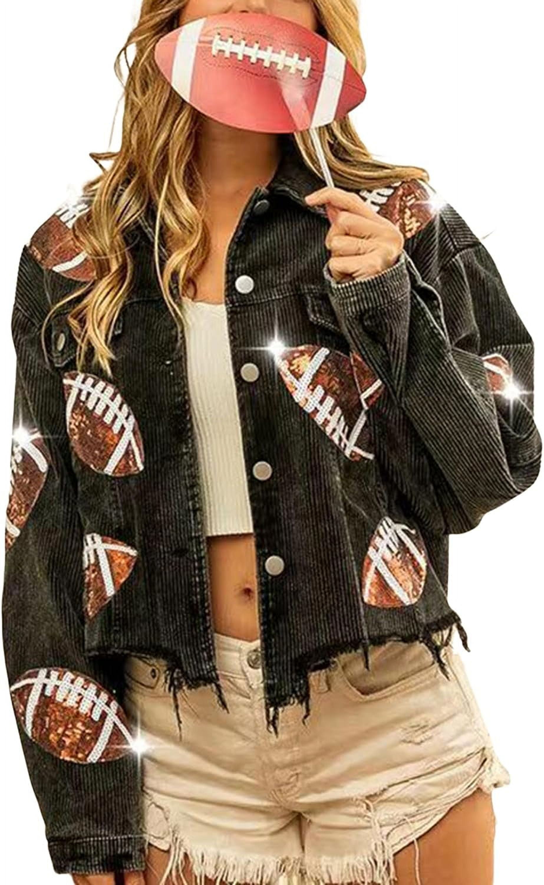 SOMER Women's Cropped Corduroy Rugby American Football Jacket Sequin  Patched Short Button Raw Hem Jacket Coat
