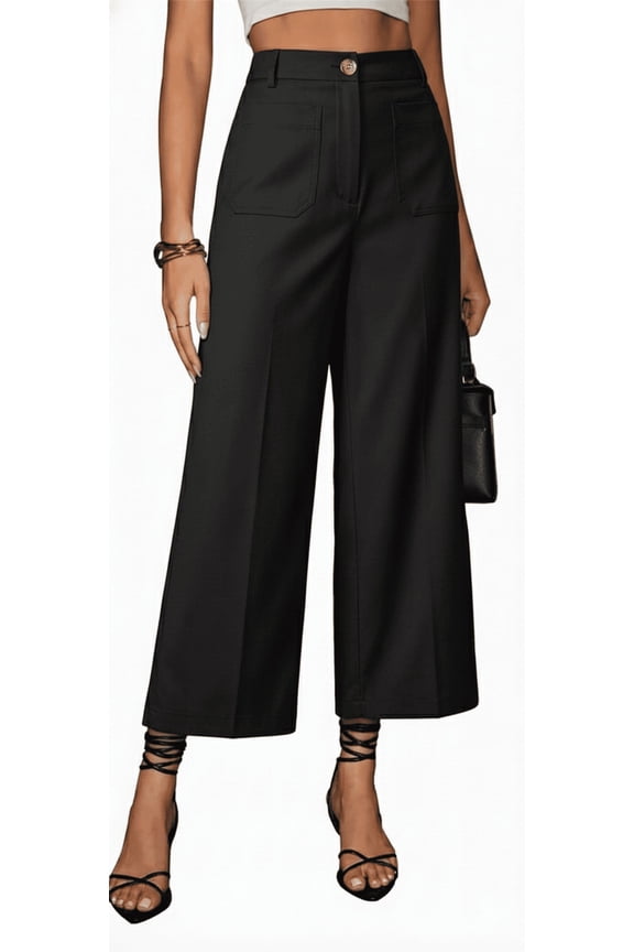 Women's Wide Leg Dress Pants High Waisted Straight Work Cropped Trousers with Pockets 2026 Summer Black S-2XL