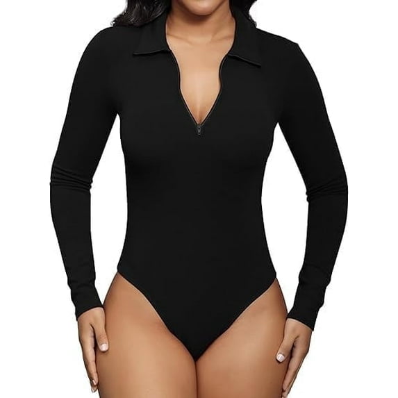 SOMER Women's Bodysuit Deep V Neck Long Sleeve Turtleneck Half Zip Up Sexy Casual Collared Polo Bodysuits