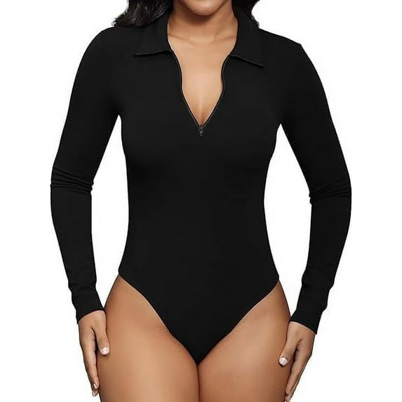 SOMER Women's Bodysuit Deep V Neck Long Sleeve Turtleneck Half Zip Up Sexy Casual Collared Polo Bodysuits