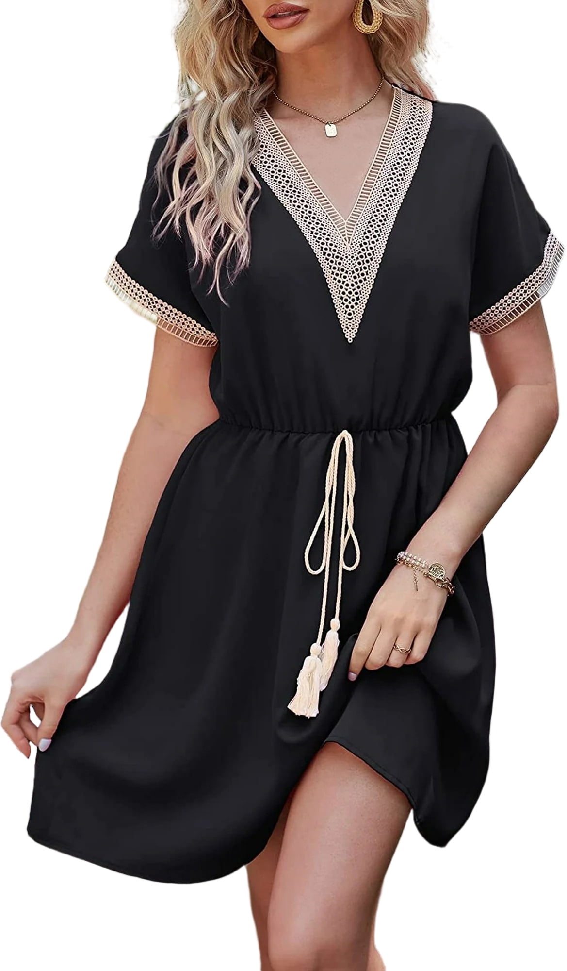 Women's Plus Size V-Neck Dolman Sleeve Lace Dress - Flowy Fringe Knee-Length Summer Dress