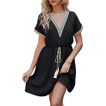SOMER Women's Dress Casual Wedding Guest Dresses Short Sleeve V Neck Tie Front Flowy Dress for Summer Spring Fall