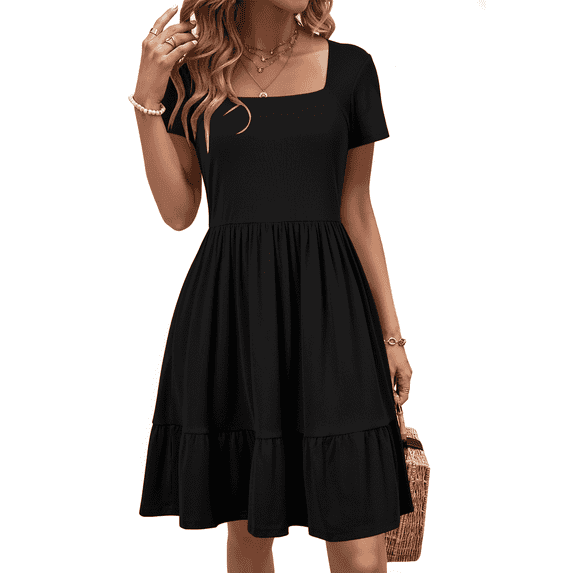 SOMER Women’s Dress Square Neck Sundress Short Sleeve Formal Ruffle Flowy Business Casual Midi Dress with Pockets 2026 Spring Black M