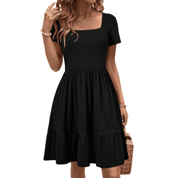SOMER Women’s Dress Square Neck Sundress Short Sleeve Formal Ruffle Flowy Business Casual Midi Dress with Pockets 2026 Spring Black XL