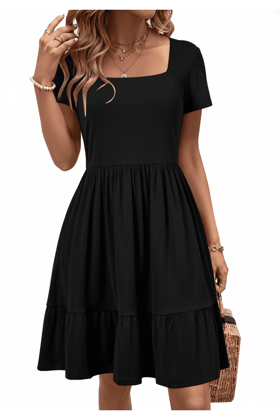 Women’s Dress Square Neck Sundress Short Sleeve Formal Ruffle Flowy Business Casual Midi Dress with Pockets 2026 Spring Black XL